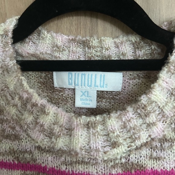 Bunulu XL Soft Mixed Media Electric Floral Stripped Boho Balloon Sleeves Sweater - Picture 8 of 8